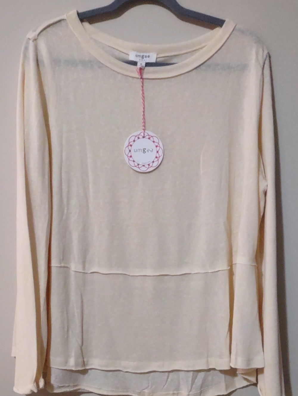 Umgee Cream Linen Blend Raw Edge Layered Peplum Long Sleeve Top NWT